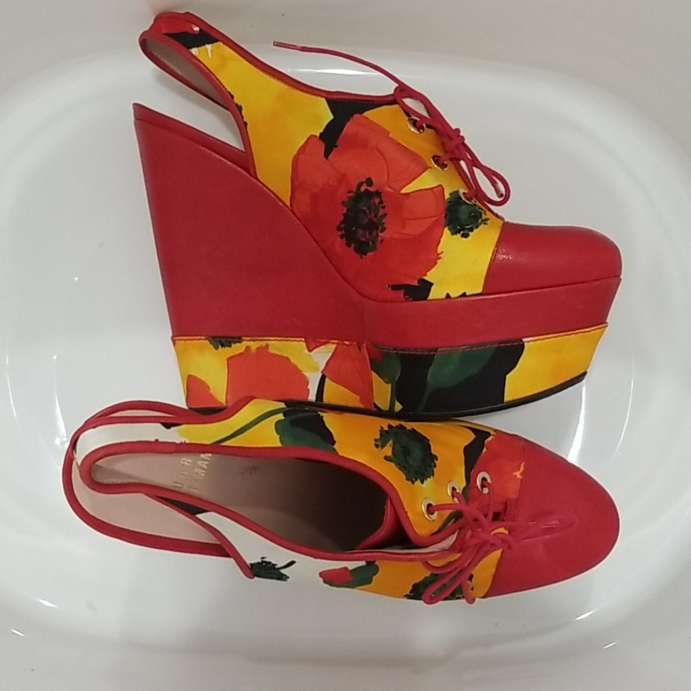 Stuart Weitzman Its A Tie Red Platform Wedge Sz 8m - image 1